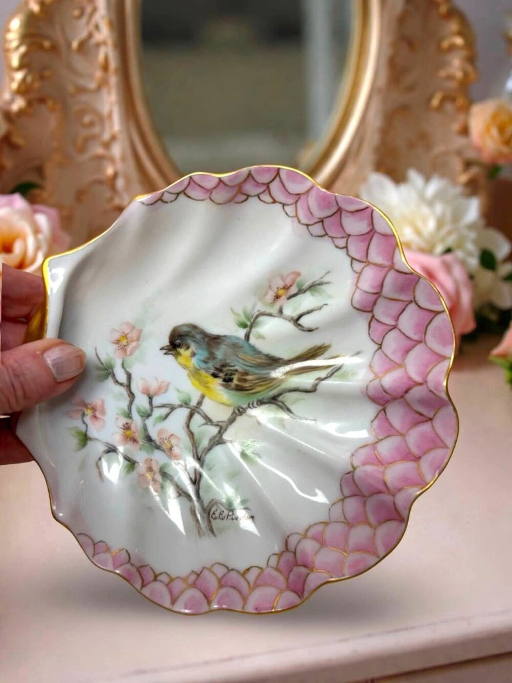 Vintage Pin Trinket Dish Hand-Painted Porcelain With Bird Floral Design Pink